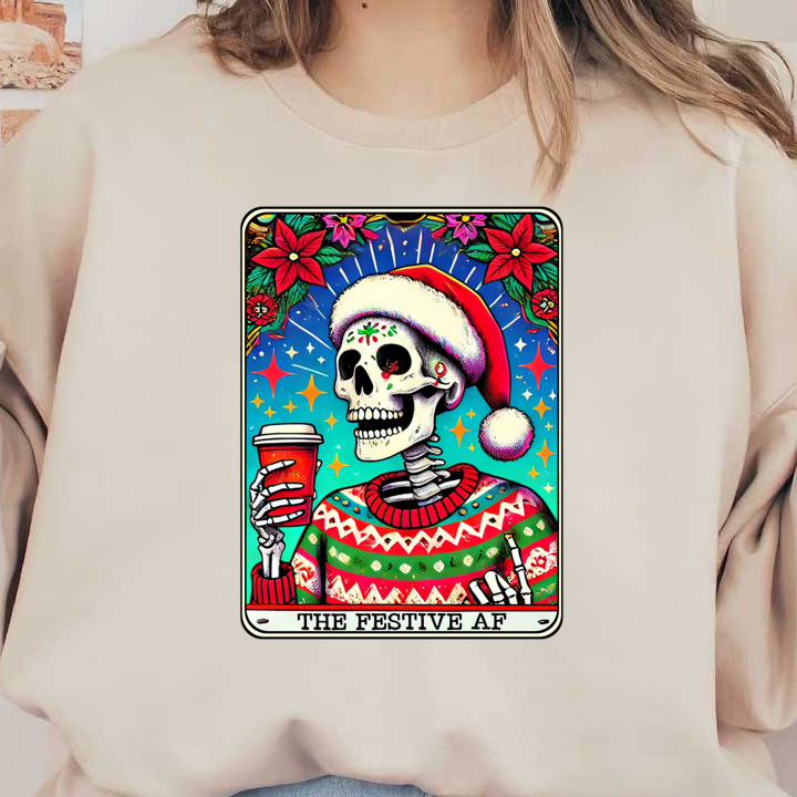 Celebre la temporada con este esqueleto vibrante y festivo, adornado con un suéter navideño y un gorro de Papá Noel, sosteniendo una taza de café.