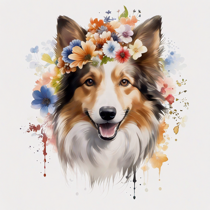 Un perro alegre adornado con una vibrante corona floral rodeada de flores coloridas, irradiando alegría y calidez.