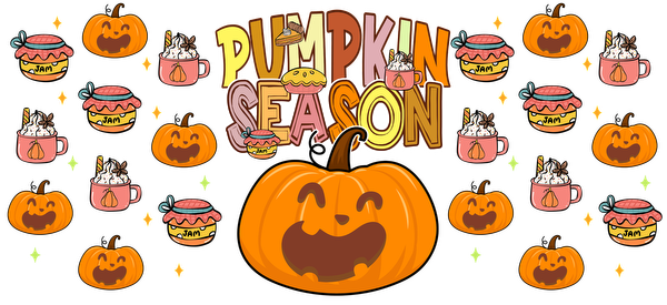 A cheerful graphic celebrating "Pumpkin Season" with playful pumpkins, cozy drinks, and festive treats in vibrant colors.UV Transfers heat press transfers