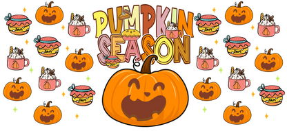 A cheerful graphic celebrating "Pumpkin Season" with playful pumpkins, cozy drinks, and festive treats in vibrant colors.UV Transfers heat press transfers