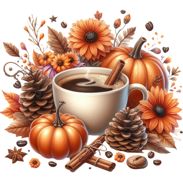 A cozy autumn scene featuring a cup of coffee surrounded by pumpkins, sunflowers, pinecones, and cinnamon sticks.dtf regular iron