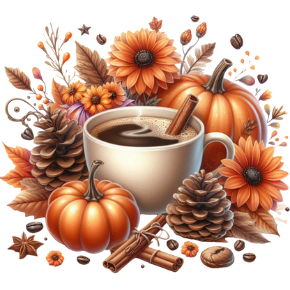 A cozy autumn scene featuring a cup of coffee surrounded by pumpkins, sunflowers, pinecones, and cinnamon sticks.dtf regular iron