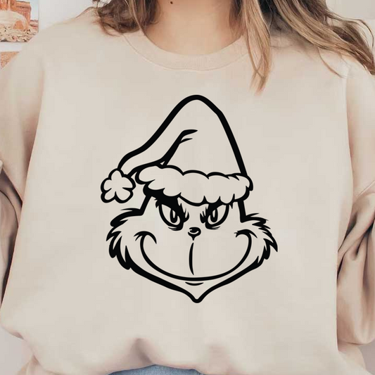 This whimsical illustration features the mischievous Grinch wearing a Santa hat, capturing a playful holiday spirit.DTF Transfers heat press transfers