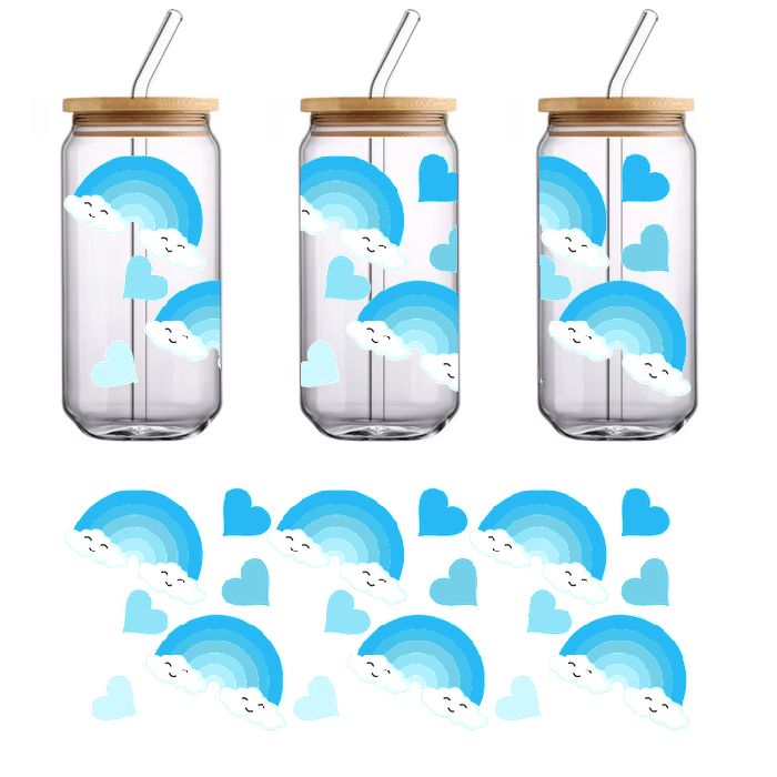 A set of blue and white printed felt heart and rainbow stickers.UV Transfers