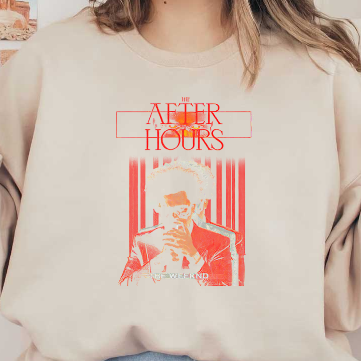 Album cover for "After Hours" by The Weeknd, featuring a stylish illustration of the artist in a red suit with sunglasses.DTF Transfers heat press transfers