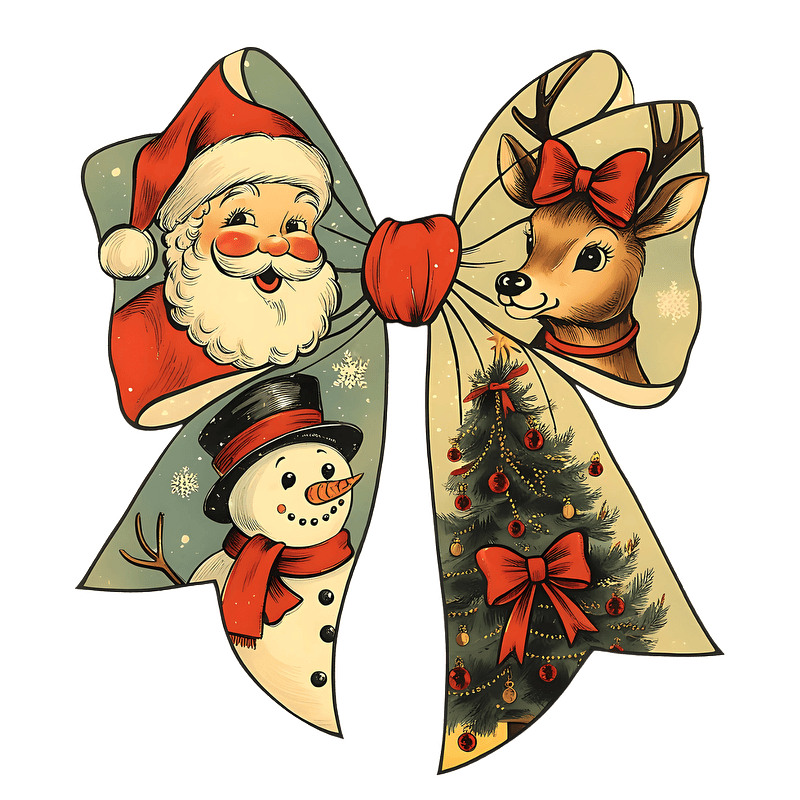 A festive ribbon features Santa, a snowman, a deer, and a Christmas tree.DTF Transfers