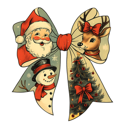 A festive ribbon features Santa, a snowman, a deer, and a Christmas tree.DTF Transfers