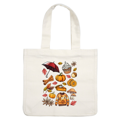 A vibrant autumn-themed collage featuring pumpkins, cozy sweaters, pie, cinnamon sticks, leaves, and festive treats, celebrating the season. dtf prints dtf transfers