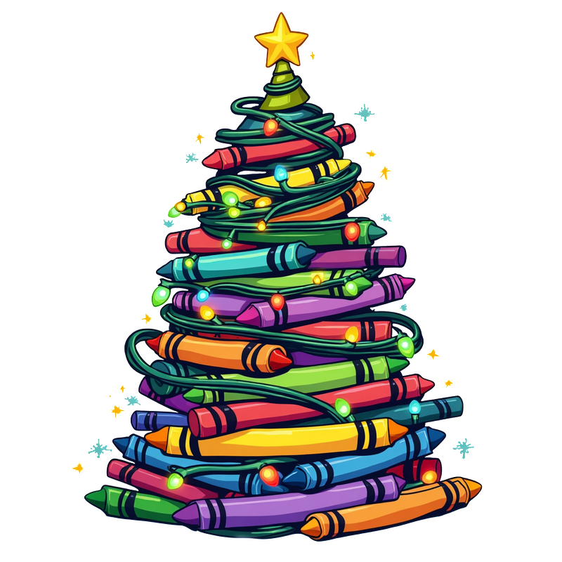 A vibrant holiday tree made of colorful crayon-like shapes, twinkling lights, and topped with a cheerful star.DTF Transfers