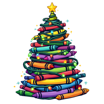 A vibrant holiday tree made of colorful crayon-like shapes, twinkling lights, and topped with a cheerful star.DTF Transfers