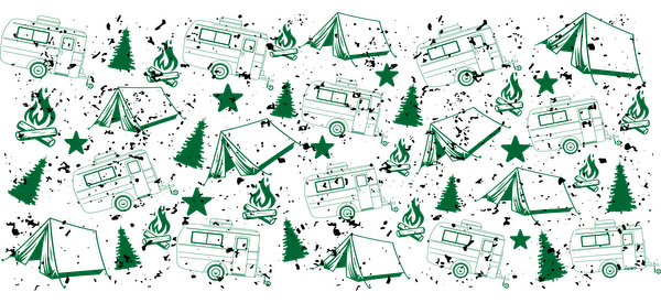 A whimsical green pattern featuring camping trailers, tents, trees, and stars, perfect for outdoor-themed designs.UV Transfers dtf transfers