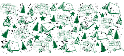 A whimsical green pattern featuring camping trailers, tents, trees, and stars, perfect for outdoor-themed designs.UV Transfers dtf transfers