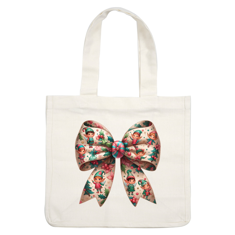 This whimsical Christmas bow features playful elves and festive holly, perfect for adding charm to holiday decorations.