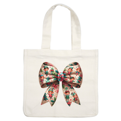 This whimsical Christmas bow features playful elves and festive holly, perfect for adding charm to holiday decorations.