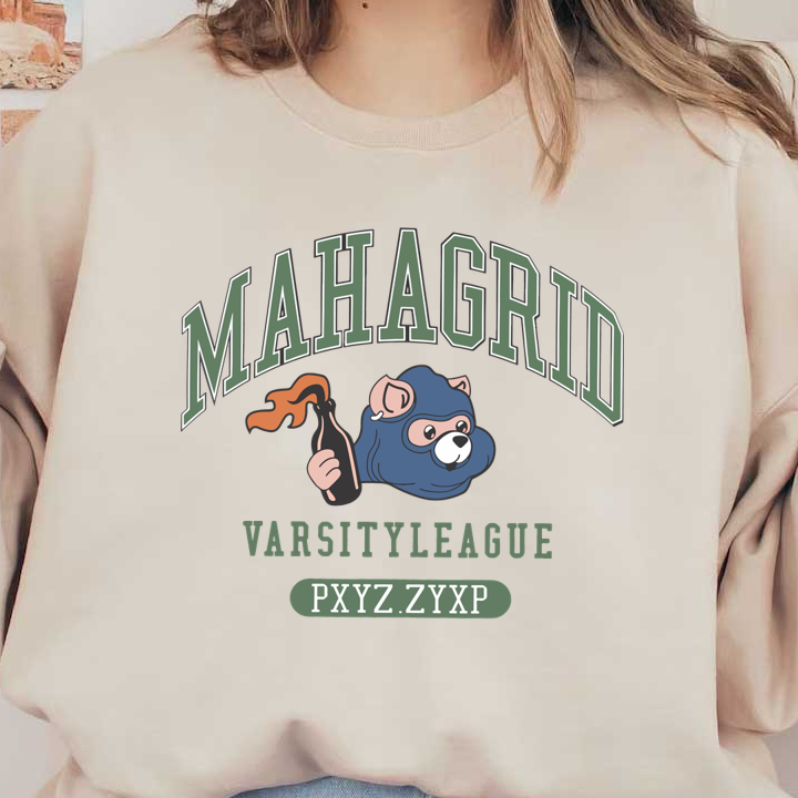 Un gráfico divertido que presenta un oso con una máscara azul que sostiene una bomba incendiaria, con el texto "MAHAGRID VARSITY LEAGUE" encima.