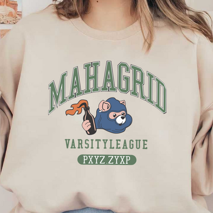 Un gráfico divertido que presenta un oso con una máscara azul que sostiene una bomba incendiaria, con el texto "MAHAGRID VARSITY LEAGUE" encima.