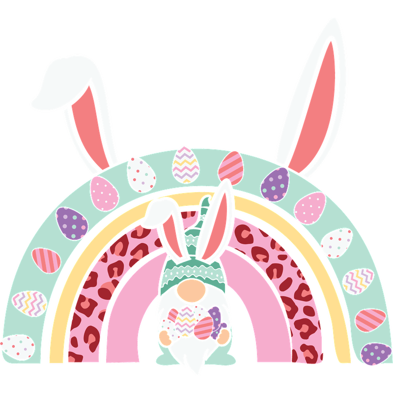 Adorable Easter-themed design featuring a colorful rainbow with eggs, complemented by a cute gnome wearing bunny ears.DTF Transfers