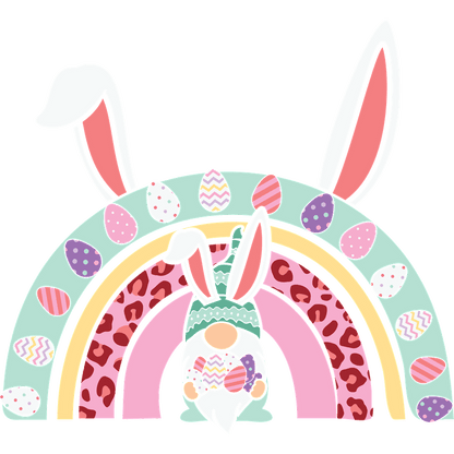 Adorable Easter-themed design featuring a colorful rainbow with eggs, complemented by a cute gnome wearing bunny ears.DTF Transfers