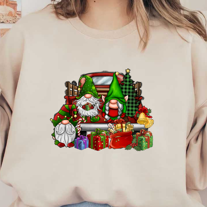 A festive illustration featuring whimsical Christmas gnomes, festive gifts, a decorated tree, and holiday decorations, perfect for seasonal cheer.DTF Transfers heat press transfersdtf regular iron