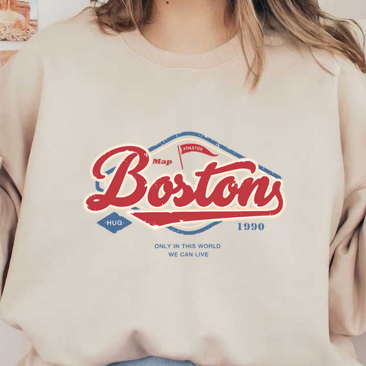 Un gráfico de estilo retro que presenta "Boston", enfatizando el atletismo y el espíritu comunitario, con un esquema de colores vintage y tipografía divertida.