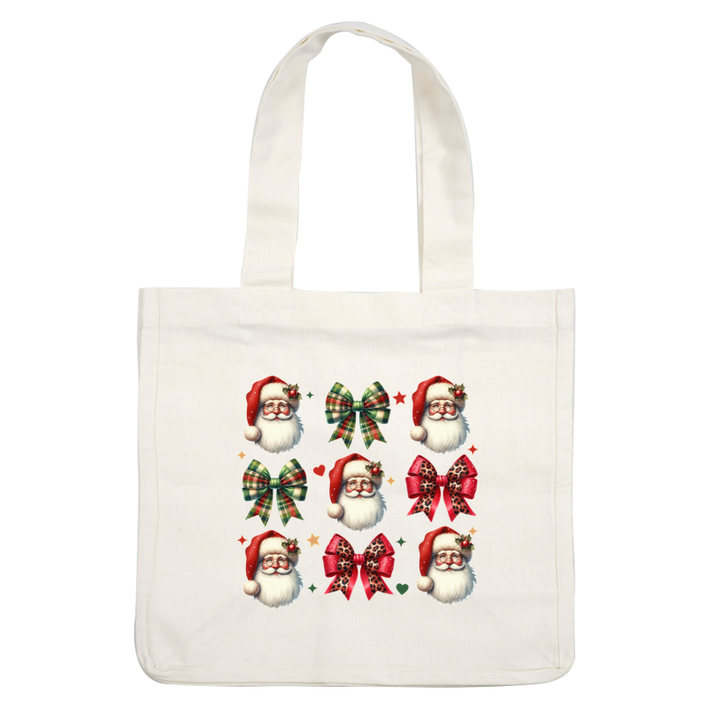 A festive collection featuring cheerful Santa faces and colorful holiday bows in various styles and patterns. dtf prints