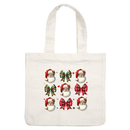 A festive collection featuring cheerful Santa faces and colorful holiday bows in various styles and patterns. dtf prints