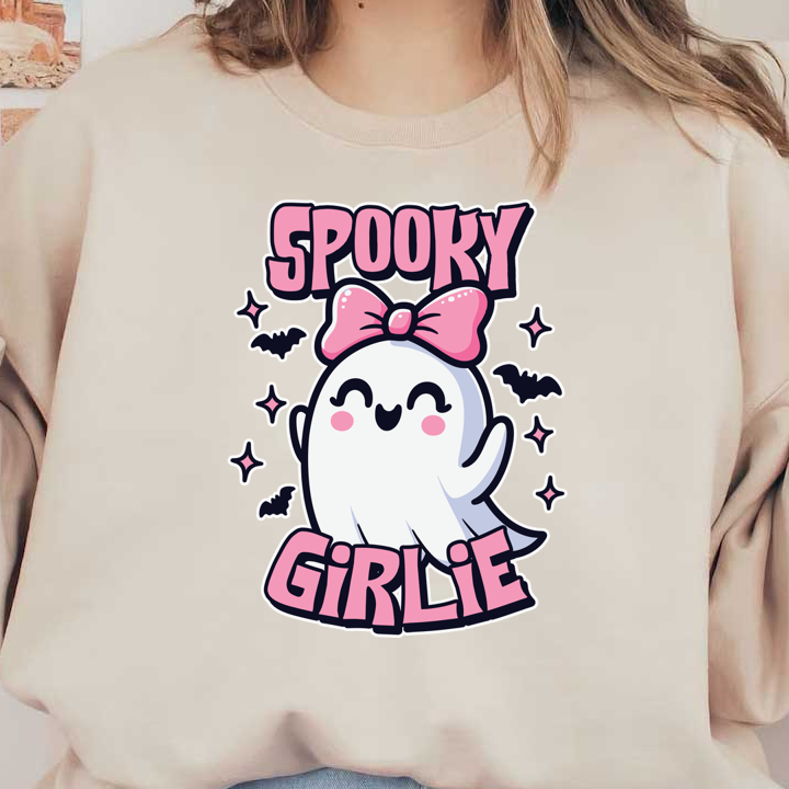A cute ghost character with a pink bow, surrounded by bats and sparkles, featuring the text "Spooky Girlie." heat press transfers