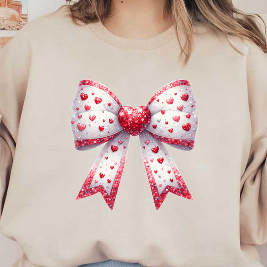 A charming, sparkly bow adorned with red and pink hearts, perfect for adding a romantic touch to any gift.DTF Transfers