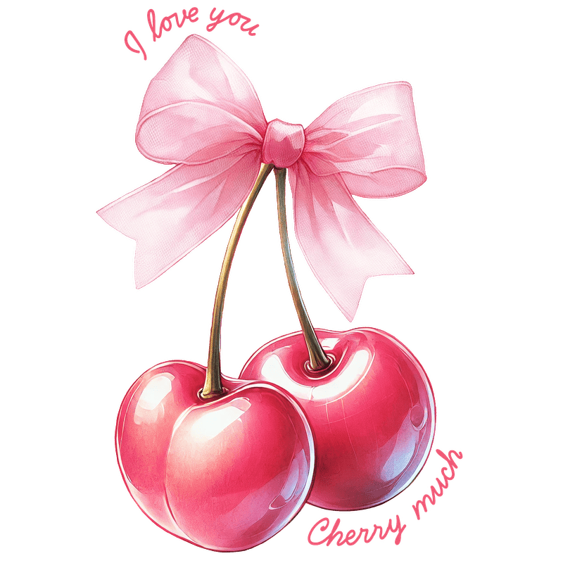 A charming illustration of two glossy pink cherries tied with a delicate ribbon, accompanied by sweet phrases expressing love.DTF Transfers