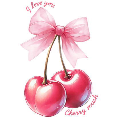 A charming illustration of two glossy pink cherries tied with a delicate ribbon, accompanied by sweet phrases expressing love.DTF Transfers