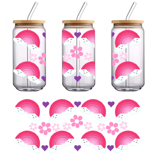 A green, pink, purple pattern featuring rainbows, clouds and flowers.UV Transfers