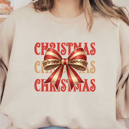 Un diseño festivo que presenta un elegante lazo rojo y crema sobre un fondo de texto repetido "Navidad".