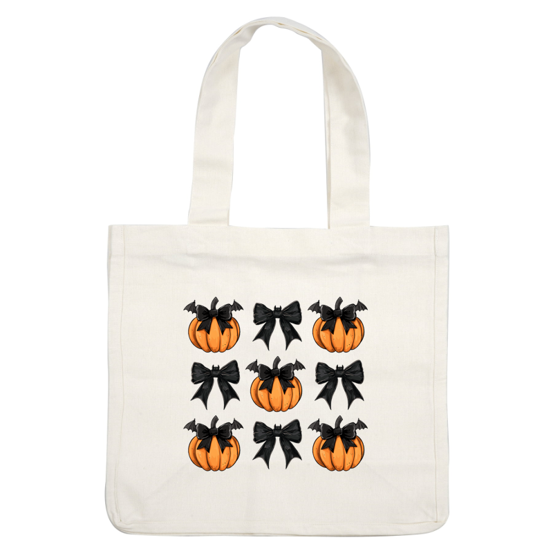 A festive pattern featuring playful pumpkins adorned with black bows and accompanied by whimsical bats, perfect for Halloween decor. heat press transfers