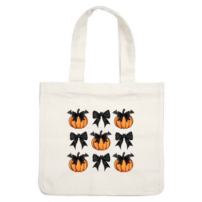 A festive pattern featuring playful pumpkins adorned with black bows and accompanied by whimsical bats, perfect for Halloween decor. heat press transfers