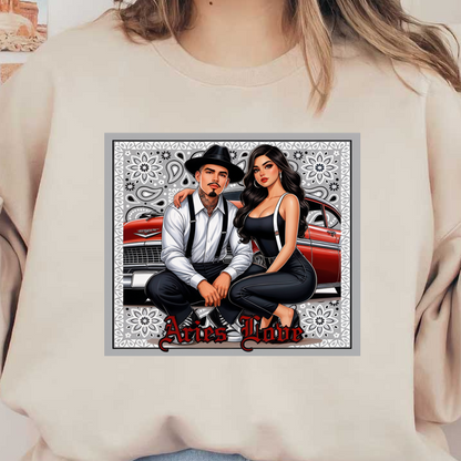 A vibrant artwork featuring a stylish couple dressed in black and white, set against a classic car backdrop and floral patterns. heat press transfers