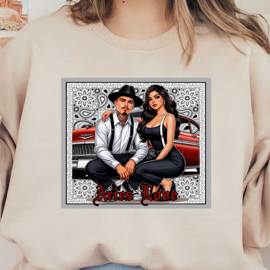 Una obra de arte vibrante que presenta a una elegante pareja vestida de blanco y negro, con un fondo de autos clásicos y patrones florales.