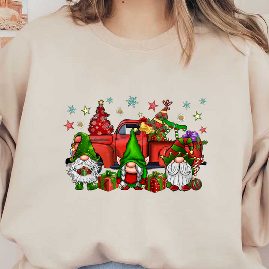 A festive scene featuring three cheerful gnomes in green hats, surrounded by colorful gifts and a vintage red truck adorned with Christmas decorations.DTF Transfers dtf prints