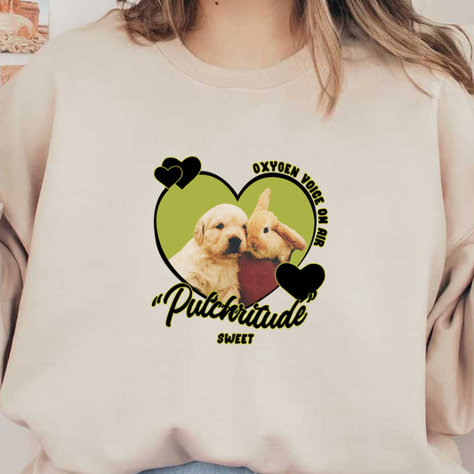 Un diseño encantador que presenta un vínculo estrecho entre un cachorro y un conejito, resaltado con corazones y una leyenda divertida.