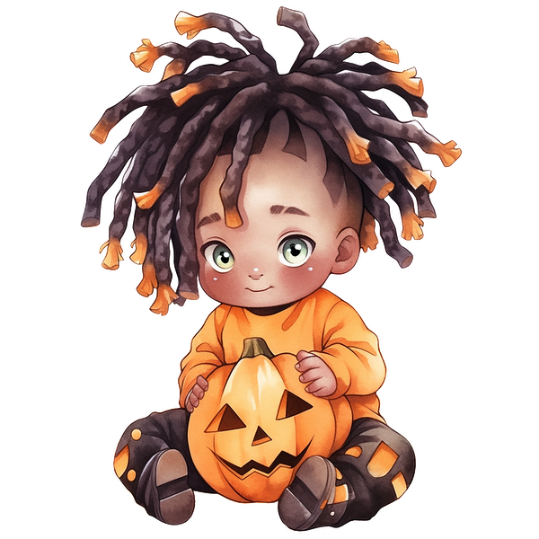 Un niño alegre con rastas se sienta sosteniendo una calabaza tallada, vestido con un traje naranja con temática de Halloween.