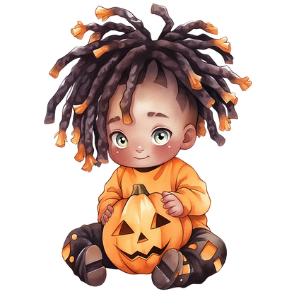 Un niño alegre con rastas se sienta sosteniendo una calabaza tallada, vestido con un traje naranja con temática de Halloween.