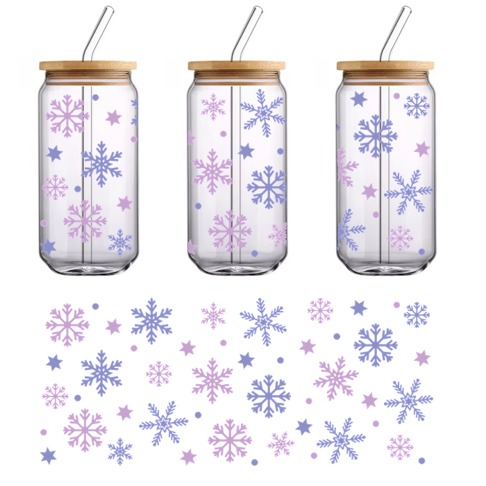 A whimsical pattern of light blue and pink snowflakes and stars scattered against a dark background, perfect for winter decor.UV Transfers