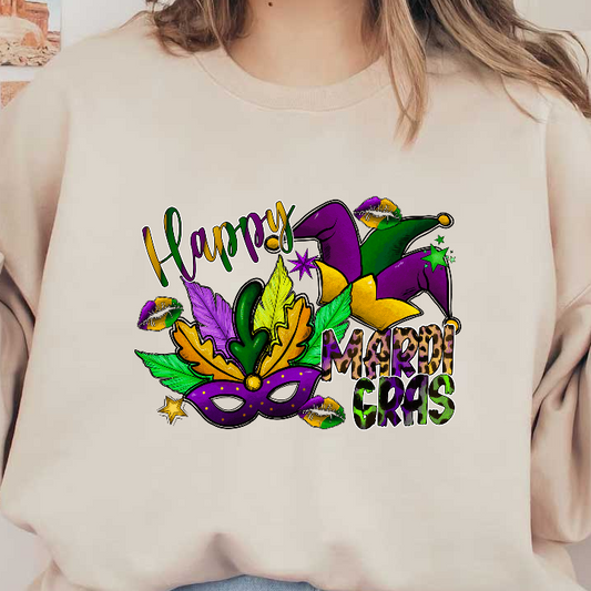 Celebrate Mardi Gras with this vibrant design featuring a colorful mask, festive leaves, and playful lettering!DTF Transfers