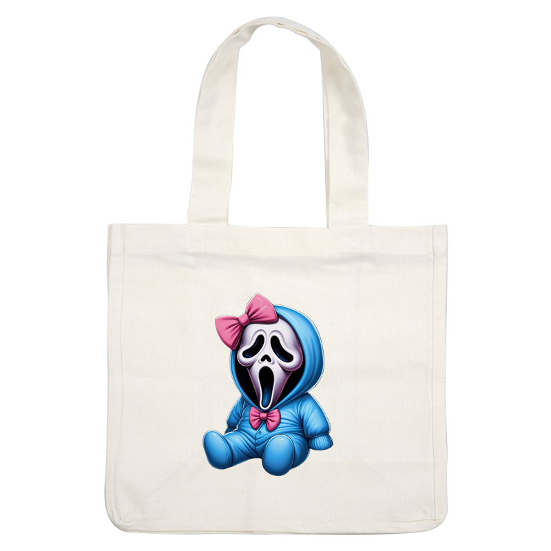 Un muñeco fantasma divertido y caricaturesco que presenta una sudadera con capucha azul y un lazo rosa y que desprende un encanto divertido y espeluznante.