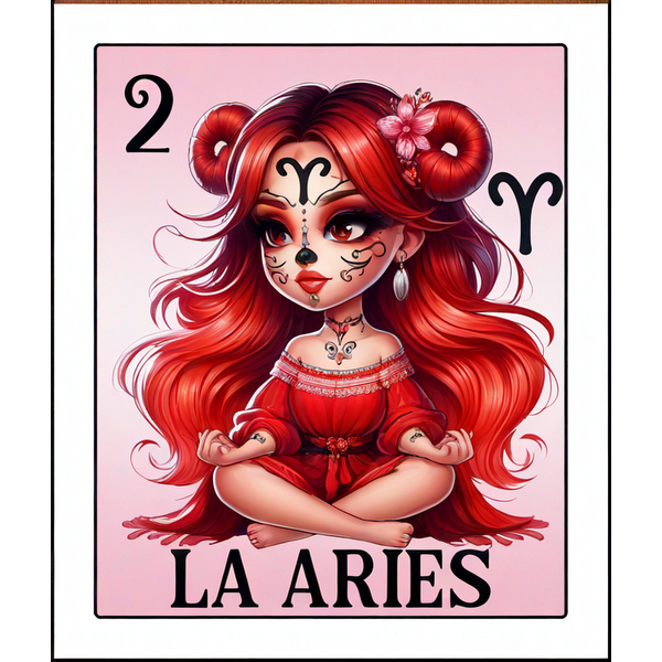 Una ilustración caprichosa de un personaje que representa a Aries, con cabello rojo vibrante, arte facial decorativo y una pose divertida.