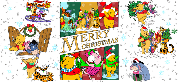 Celebrate the holidays with this whimsical Christmas collage featuring Winnie the Pooh and friends in festive attire and cheerful activities!UV Transfers heat press transfers