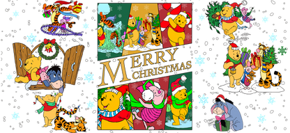 Celebrate the holidays with this whimsical Christmas collage featuring Winnie the Pooh and friends in festive attire and cheerful activities!UV Transfers heat press transfers