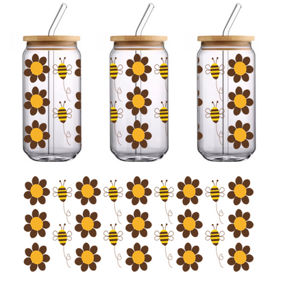 A cheerful pattern featuring alternating yellow and brown bees intertwined with simple flowers, perfect for crafting or decoration.UV Transfers heat press transfers