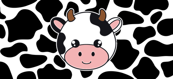 A cute, cartoon-style cow face with black and white patches, small horns, and a cheerful smile.UV Transfers heat press transfers