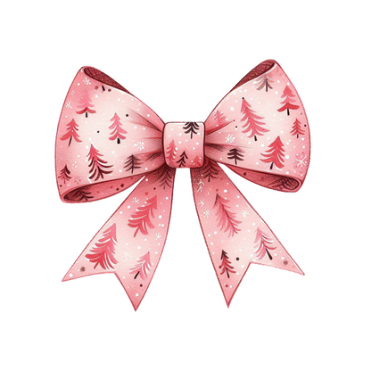 A charming pink bow adorned with festive trees and snowflakes, perfect for holiday decorations or gift wrapping. heat press transfers