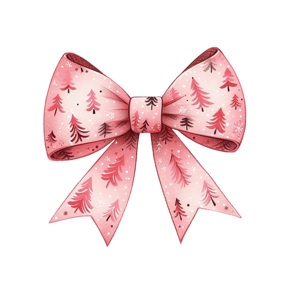 A festive pink bow adorned with whimsical trees and snowflakes, perfect for adding a cheerful touch to holiday gifts. heat press transfers